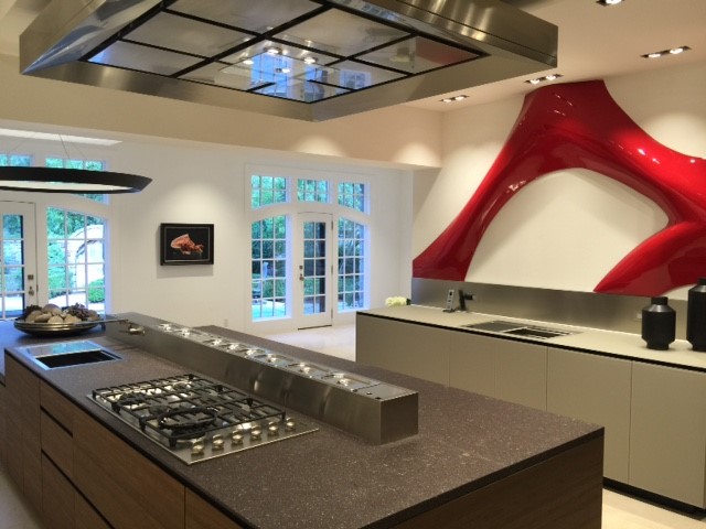 Red wall sculpture in a contemporary kitchen
